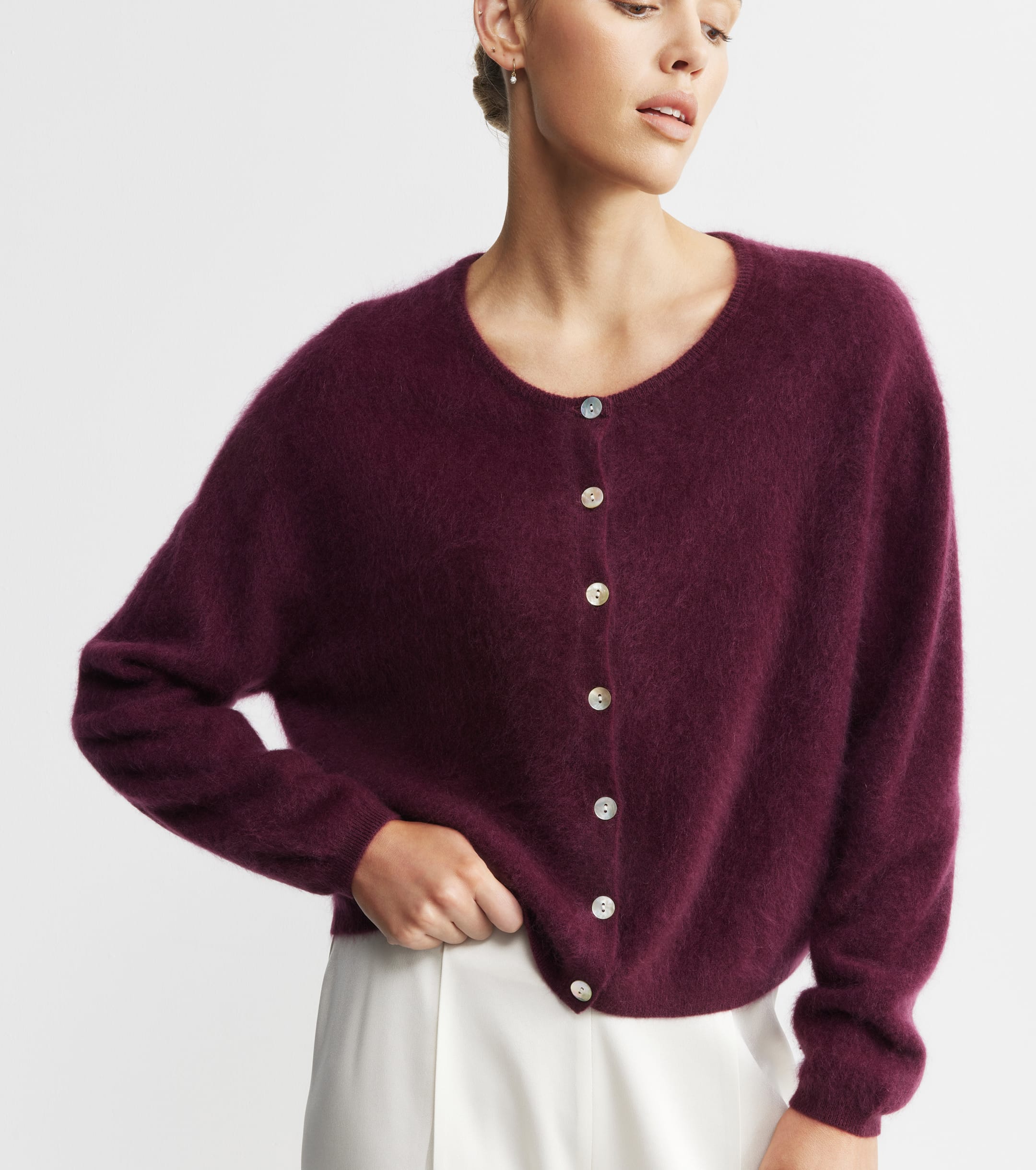 Brushed Cashmere Relaxed Cardigan - Burgundy