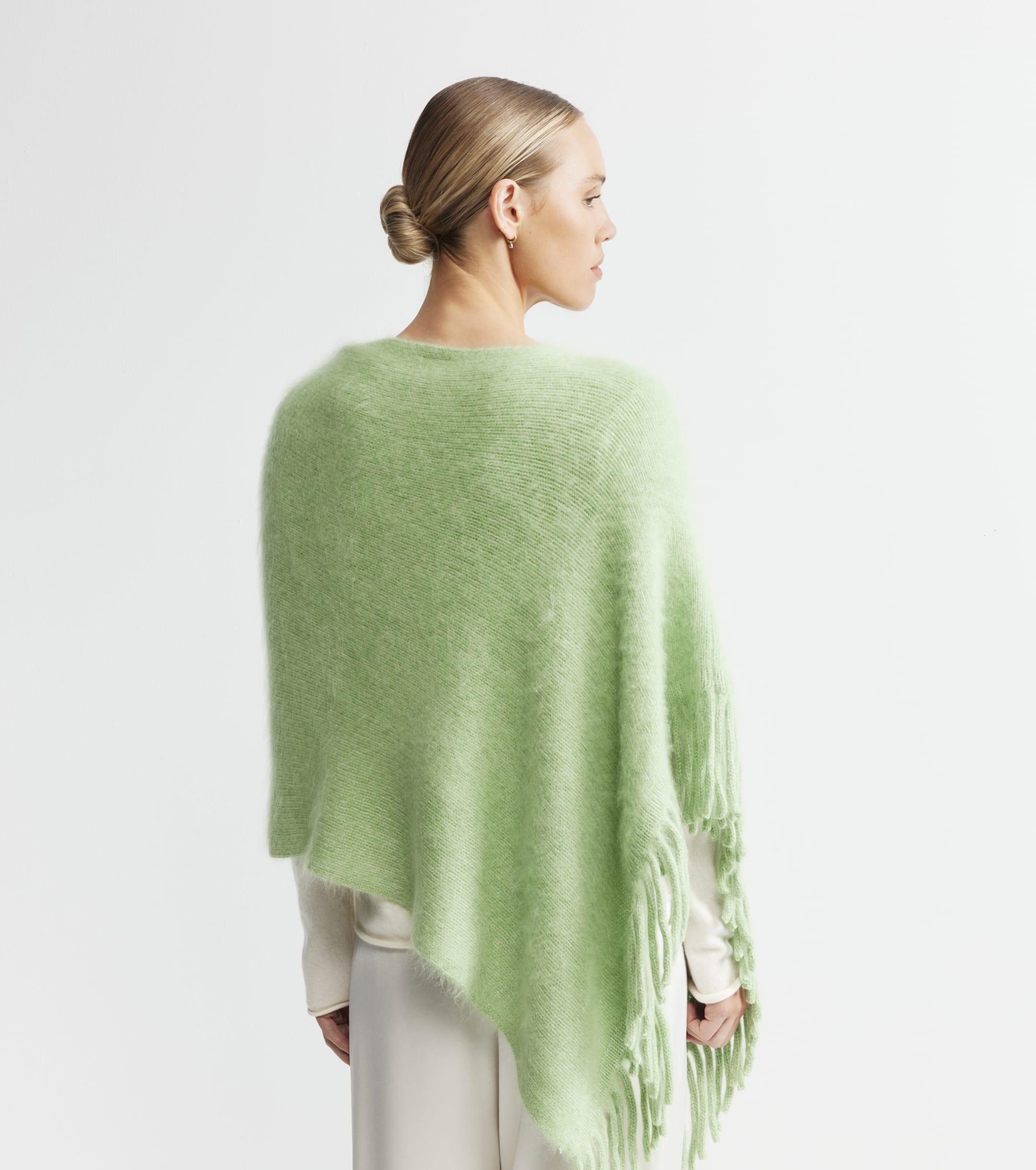 Brushed Cashmere Tassel Poncho - Green Melange