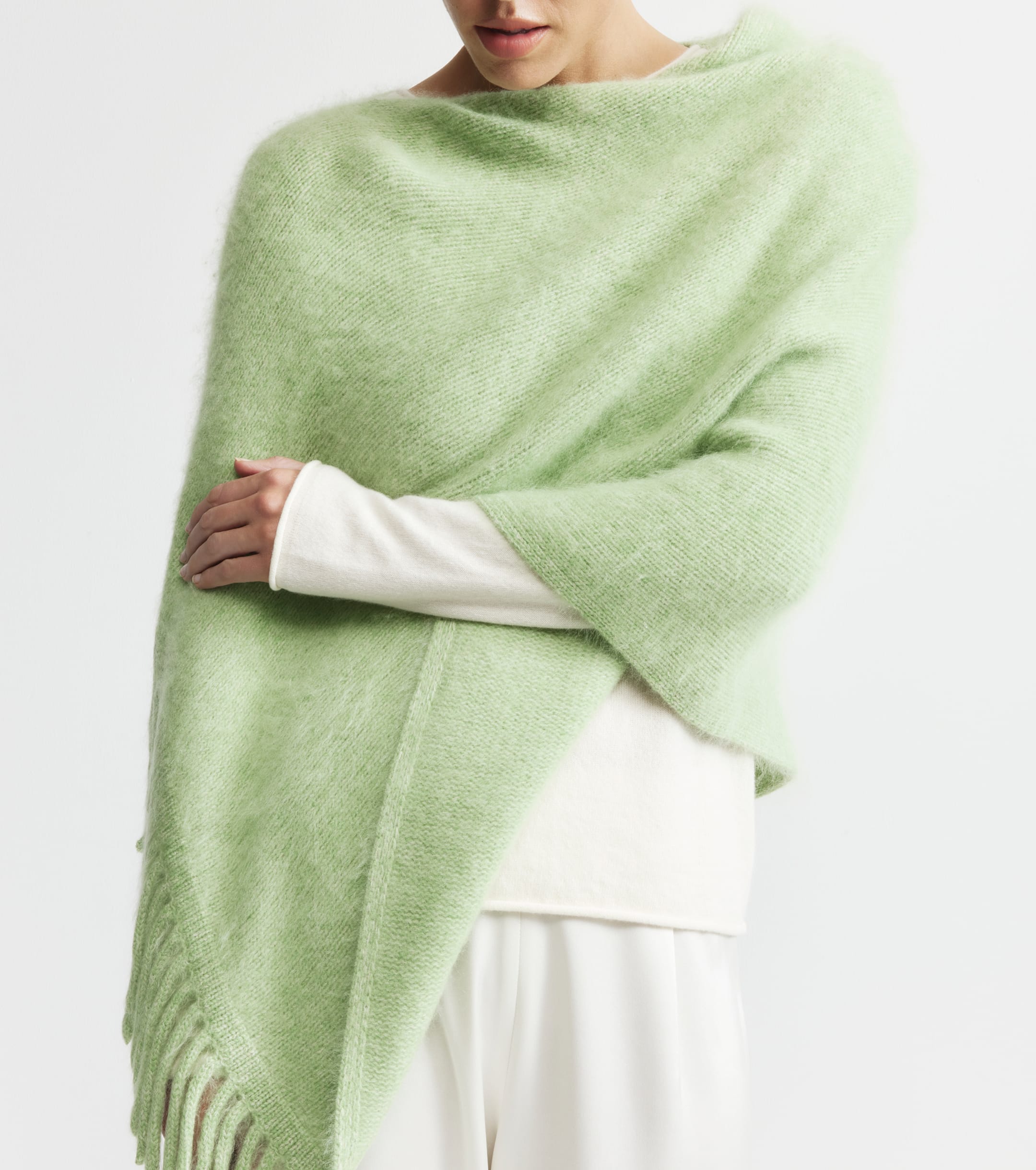 Brushed Cashmere Tassel Poncho - Green Melange