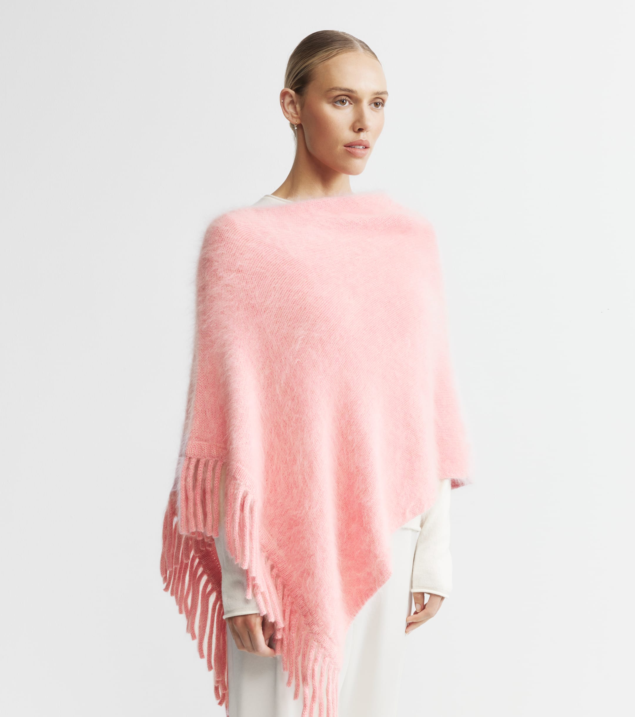 Brushed Cashmere Tassel Poncho - Pink Marle
