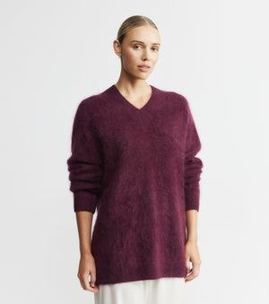 Brushed Cashmere Relaxed V Sweater - Burgundy
