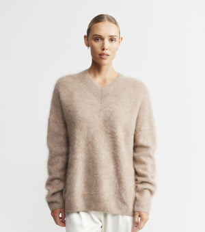 Brushed Cashmere Relaxed V Sweater - Walnut
