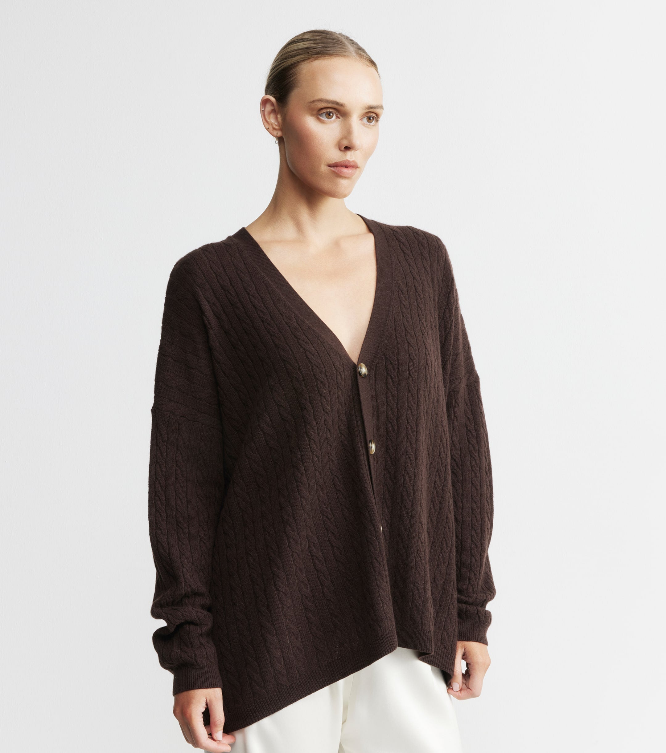 Relaxed Cashmere Cable Cardigan - Cacao