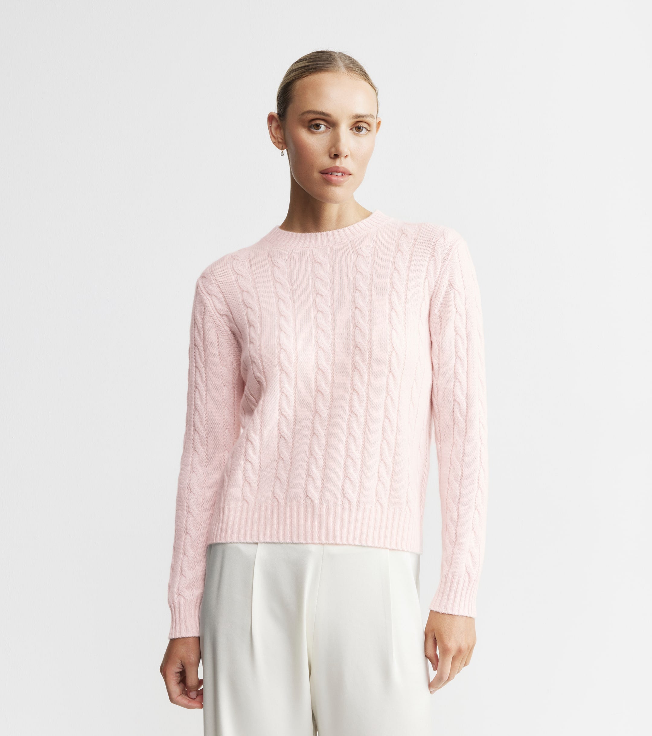 Cashmere Cable Crew - Powder Pink