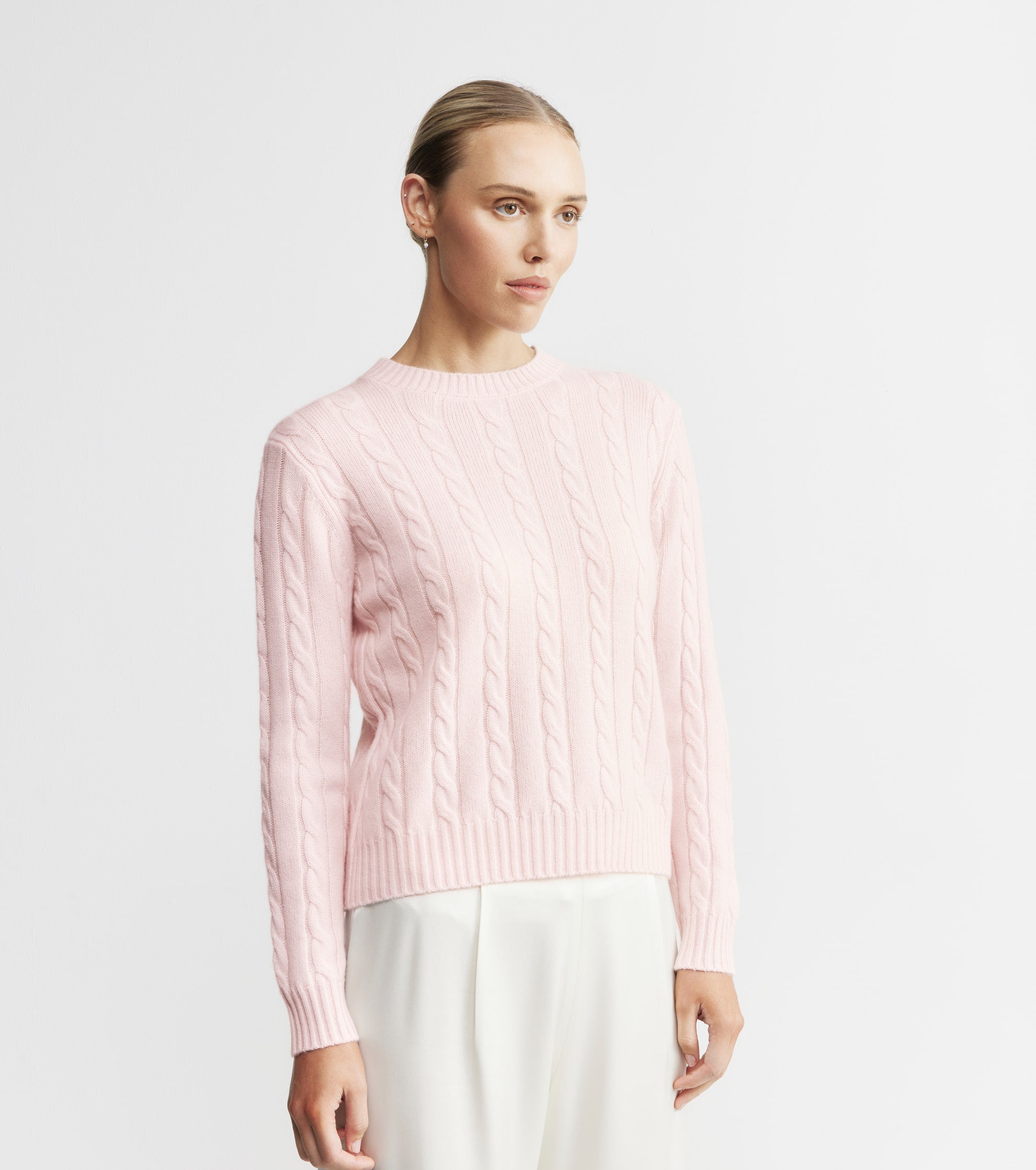 Cashmere Cable Crew - Powder Pink