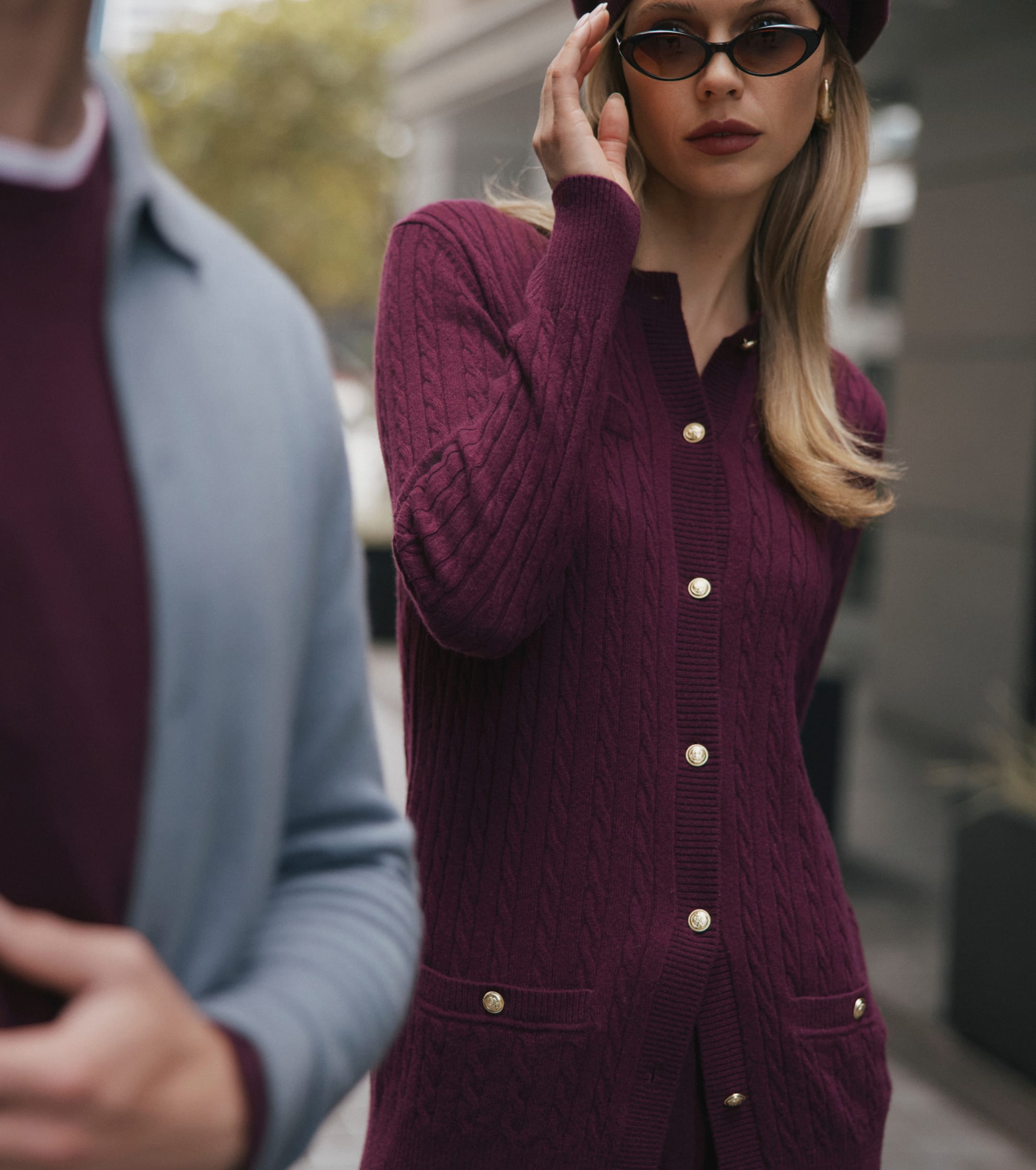 Cashmere Cable Longline Jacket - Burgundy