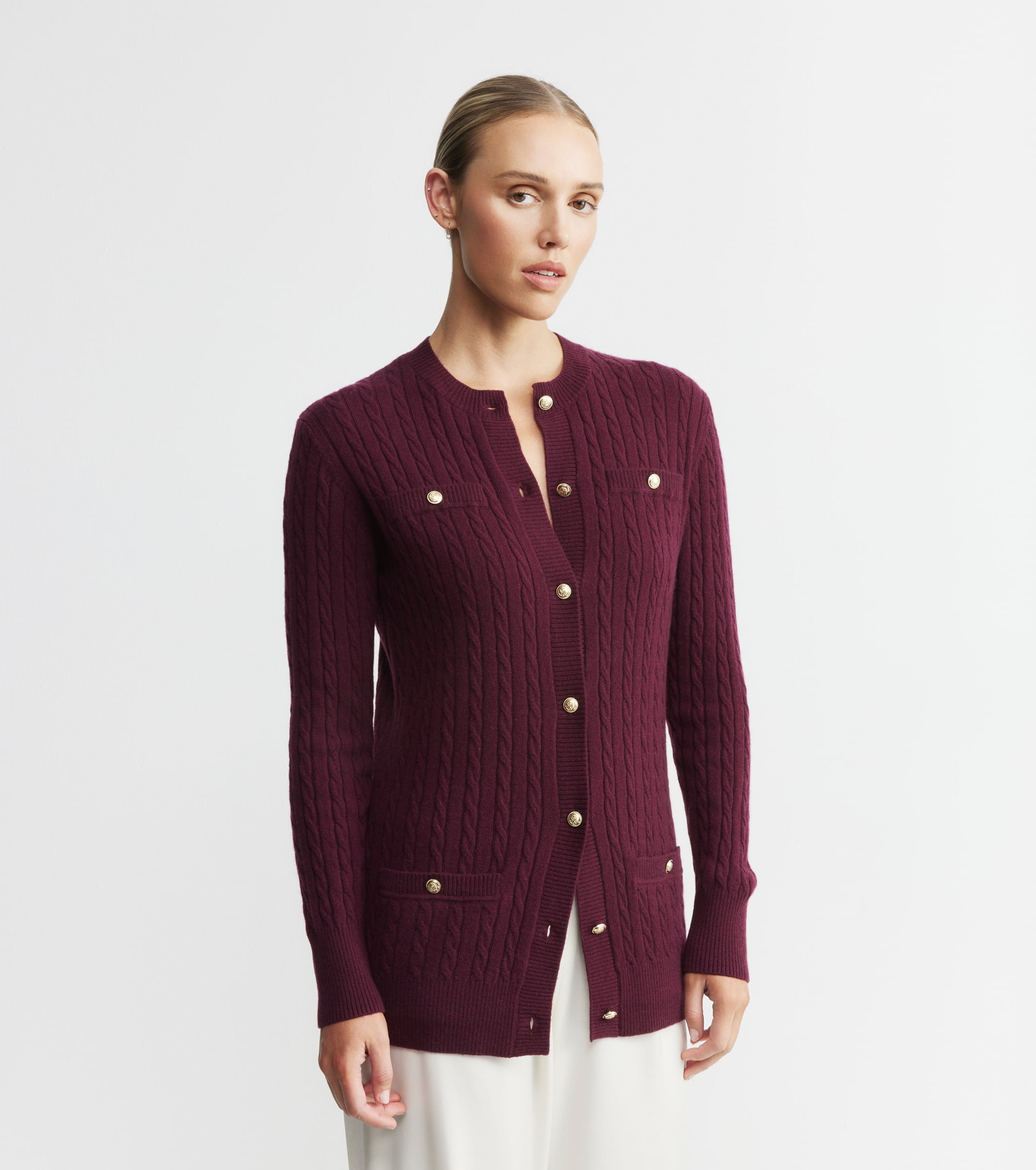 Cashmere Cable Longline Jacket - Burgundy