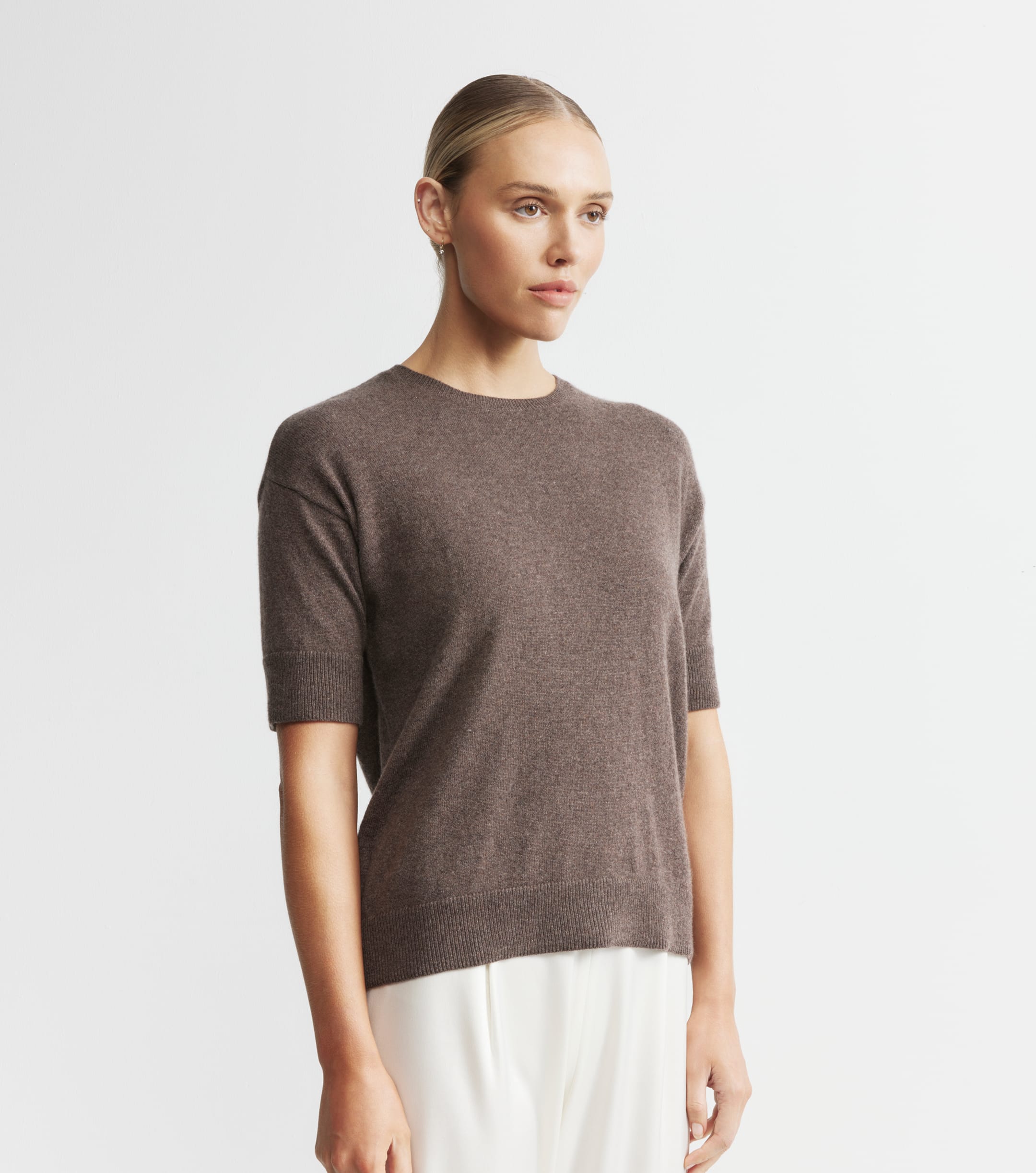Essential Cashmere Crew Tee - Brown Melange