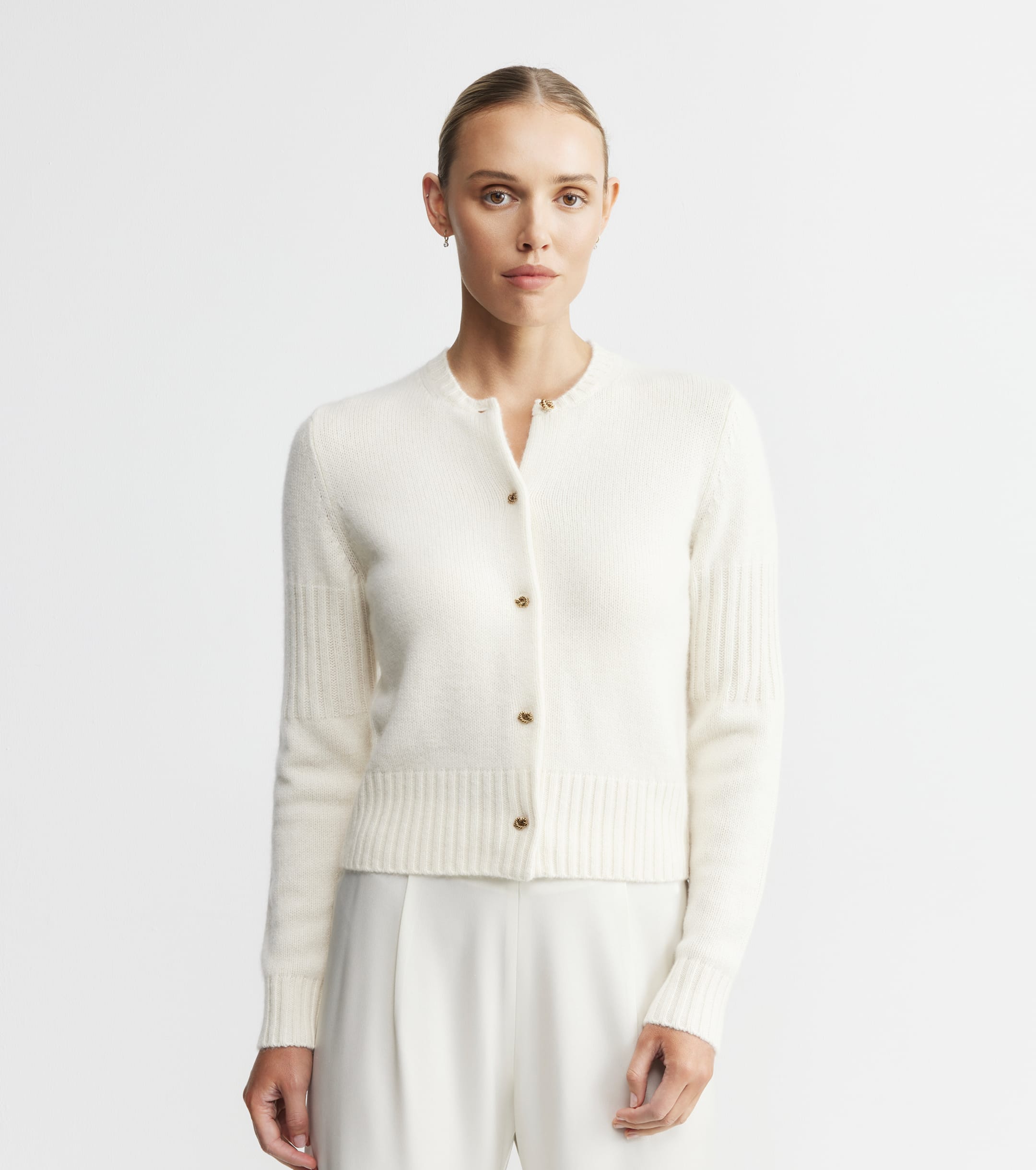 Cashmere Crew Cardigan with Rib Detail - Cream