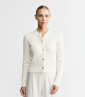Cashmere Crew Cardigan with Rib Detail - Cream
