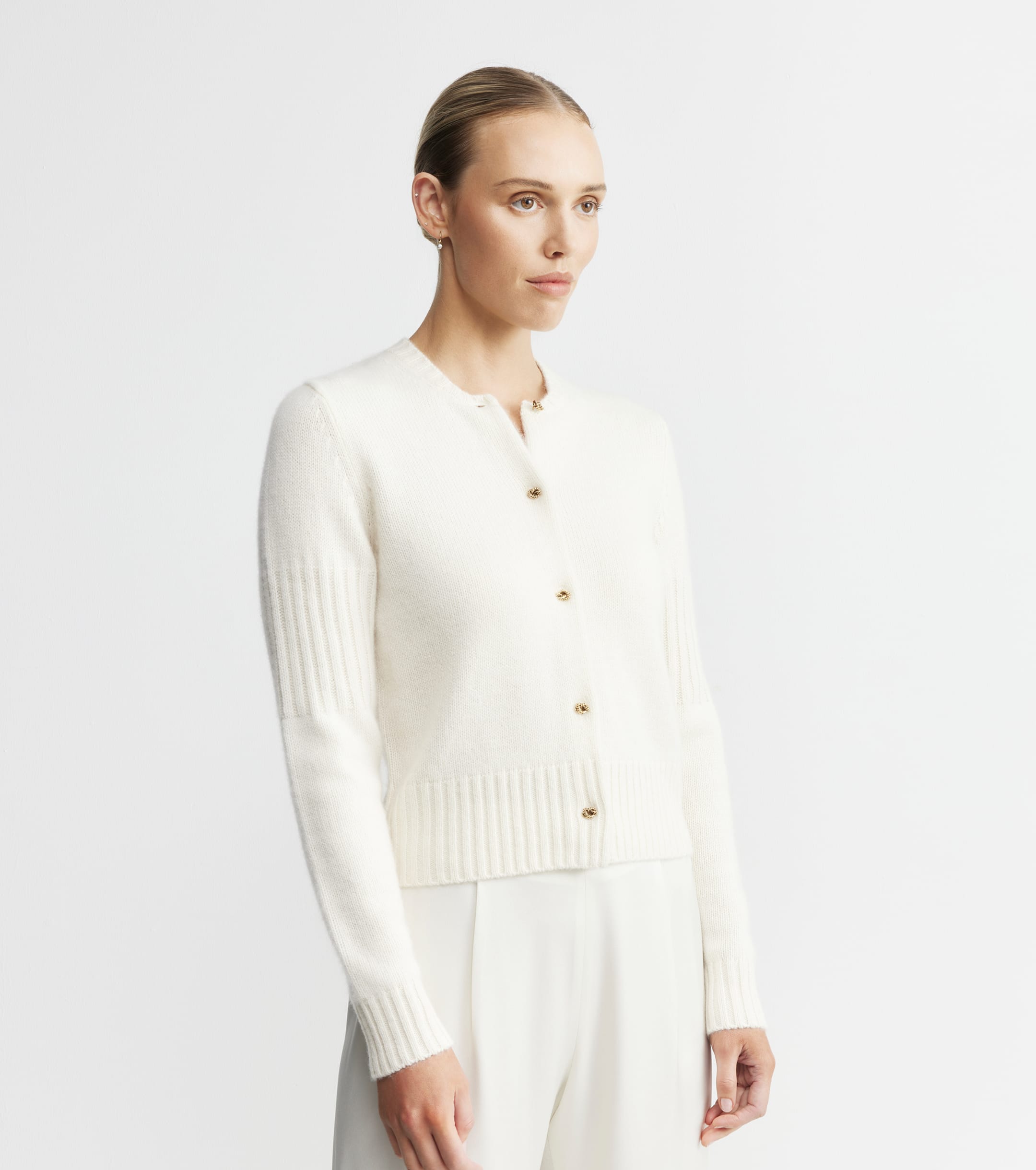 Cashmere Crew Cardigan with Rib Detail - Cream