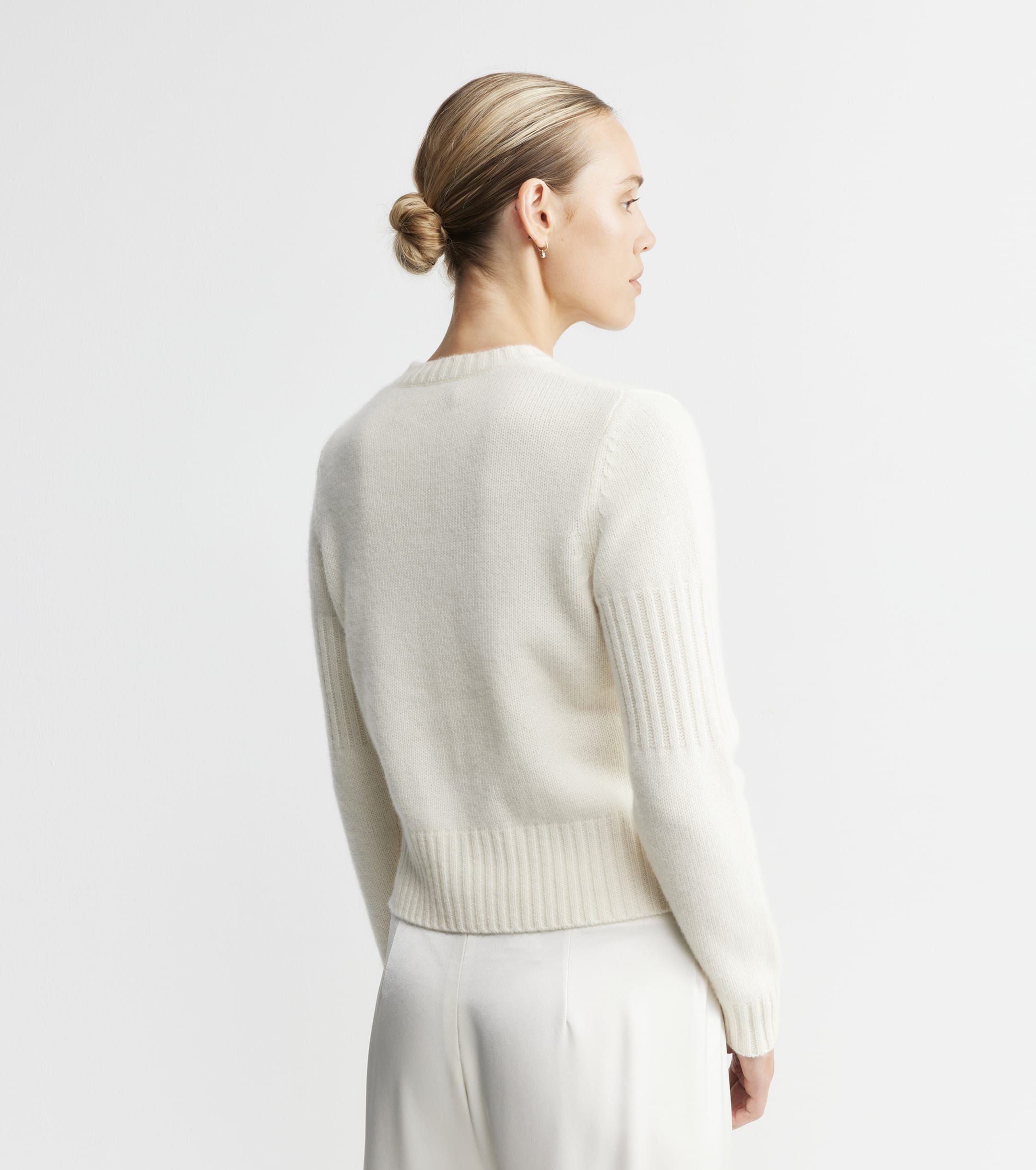 Cashmere Crew Cardigan with Rib Detail - Cream