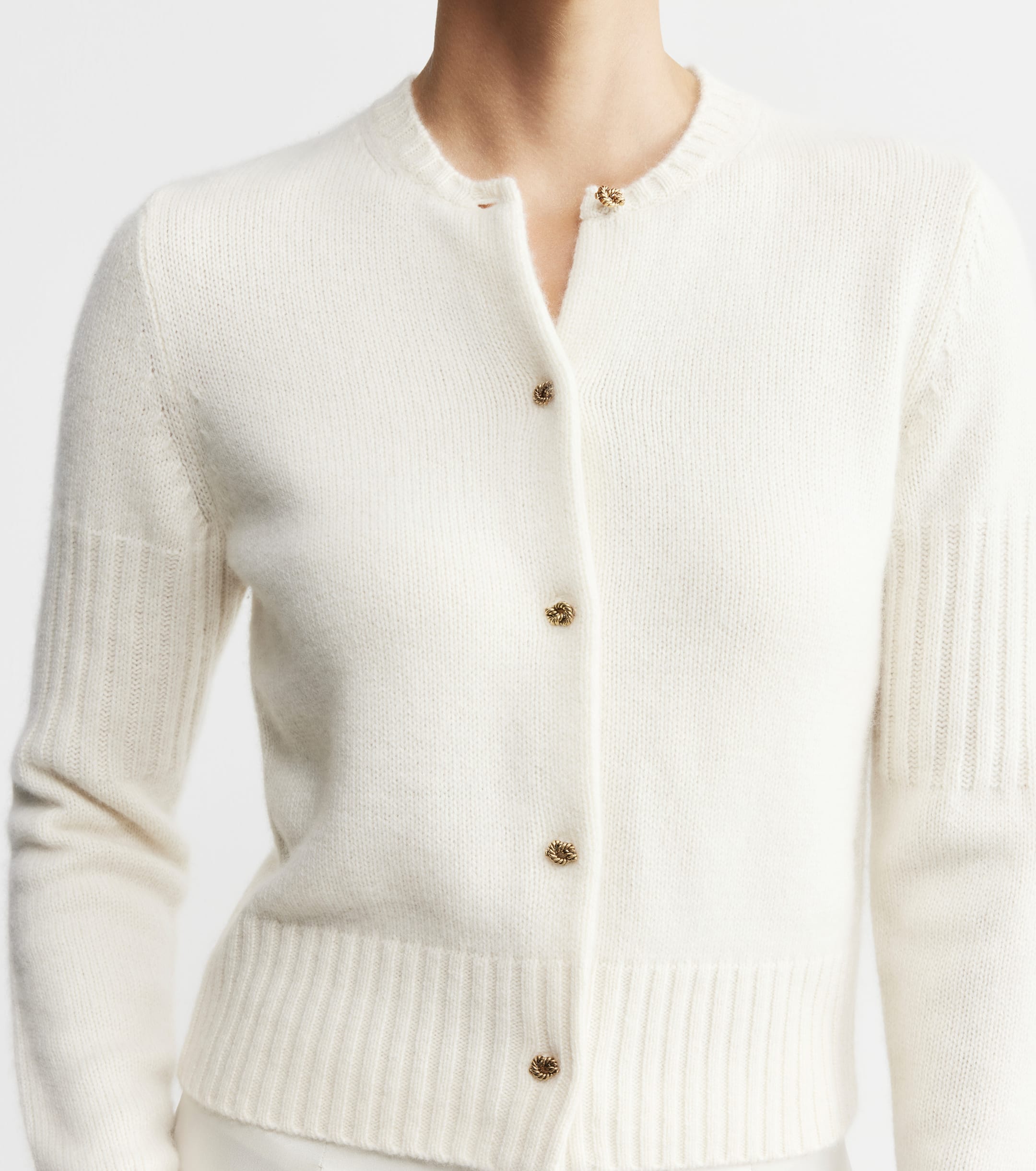 Cashmere Crew Cardigan with Rib Detail - Cream