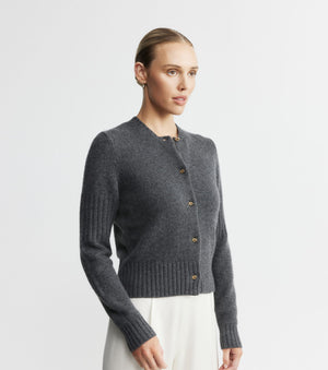 Cashmere Crew Cardigan with Rib Detail - Graphite