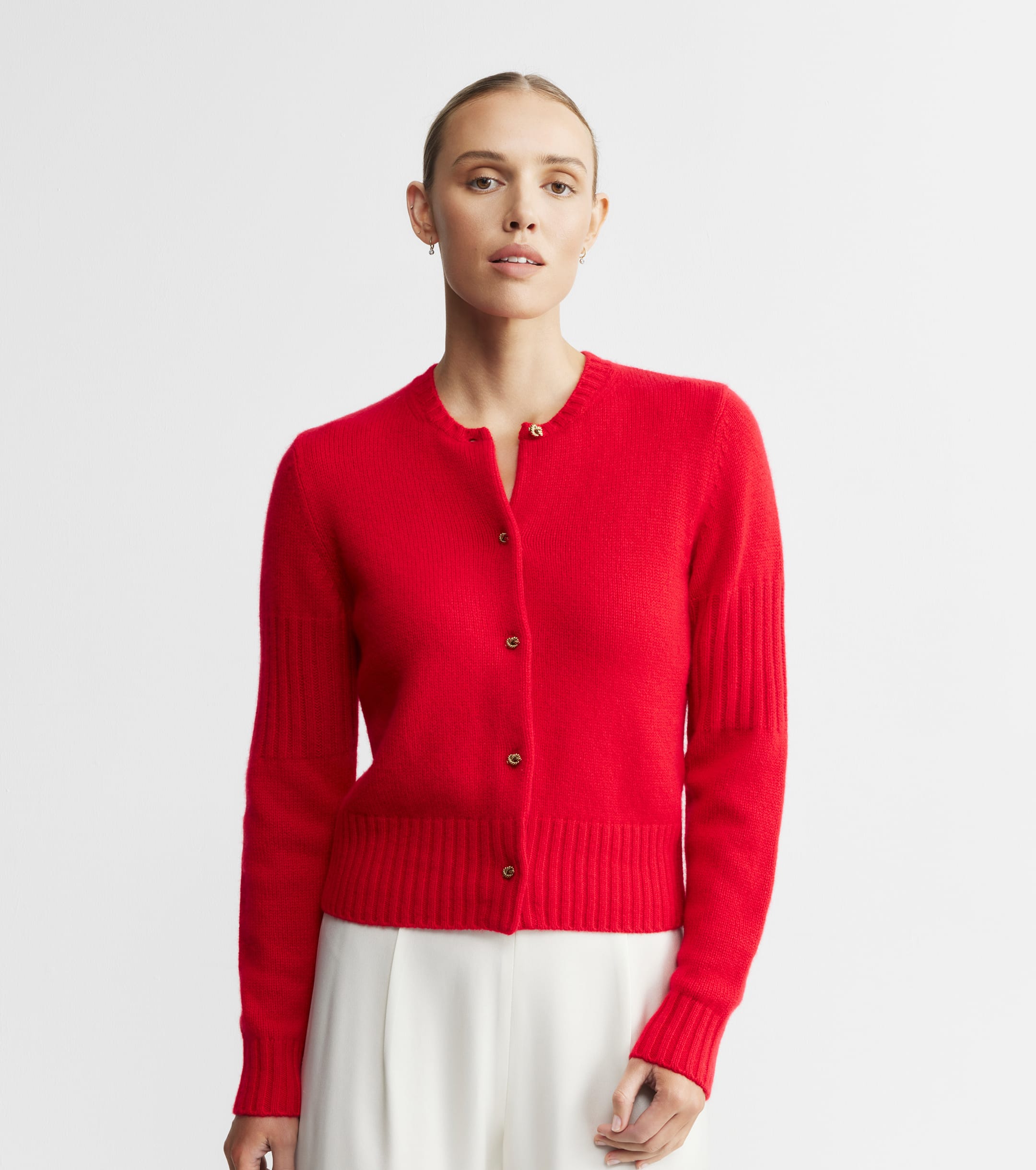 Cashmere Crew Cardigan with Rib Detail - Red