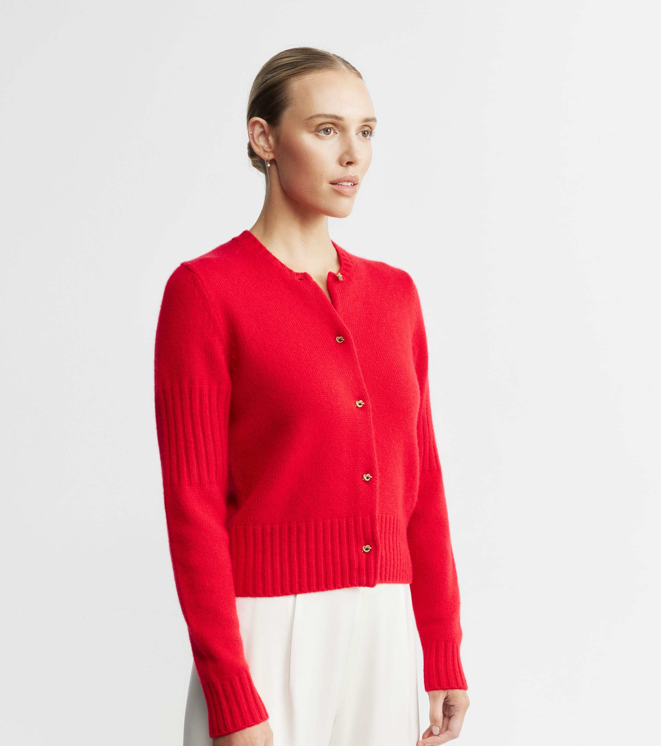 Cashmere Crew Cardigan with Rib Detail - Red