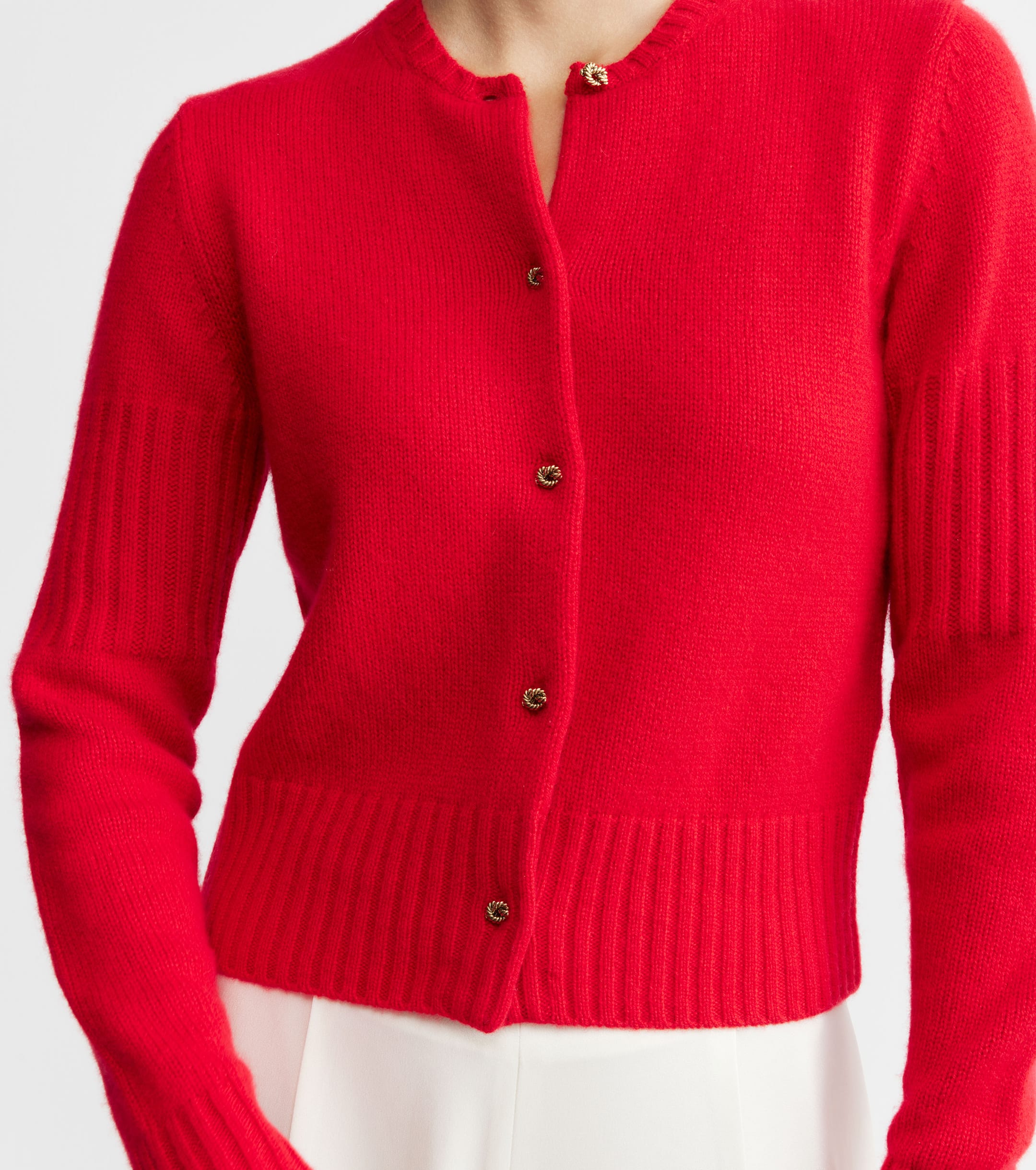 Cashmere Crew Cardigan with Rib Detail - Red