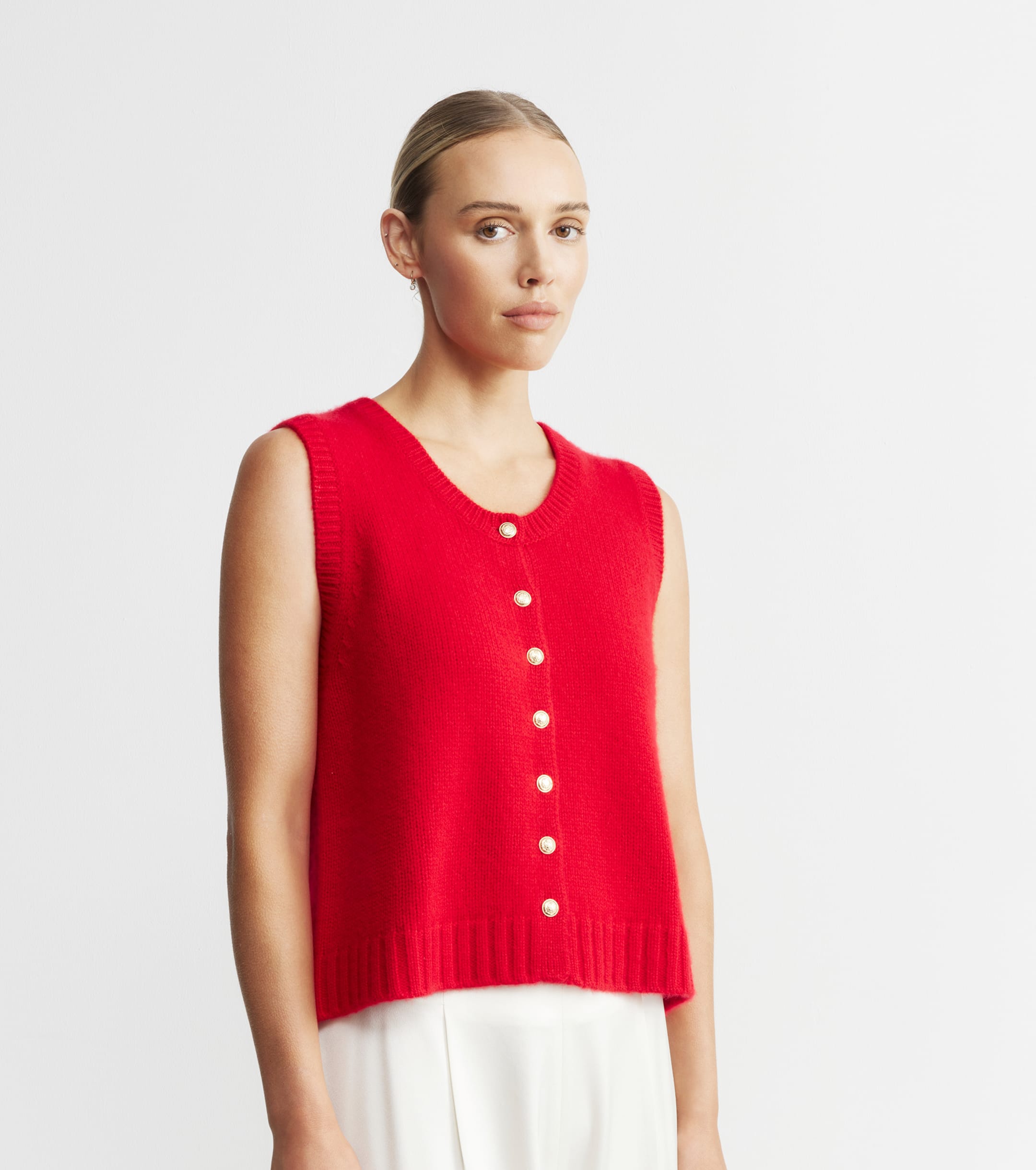 Cashmere Relaxed Button Vest - Red