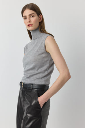 Cashmere Lurex Mock Neck Tank - Grey Melange/Silver