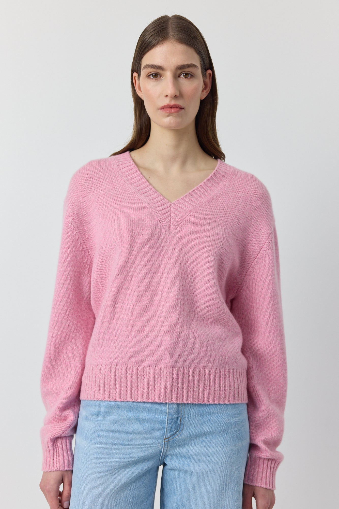 Luxe Cashmere V Neck Sweater - Pink Melange