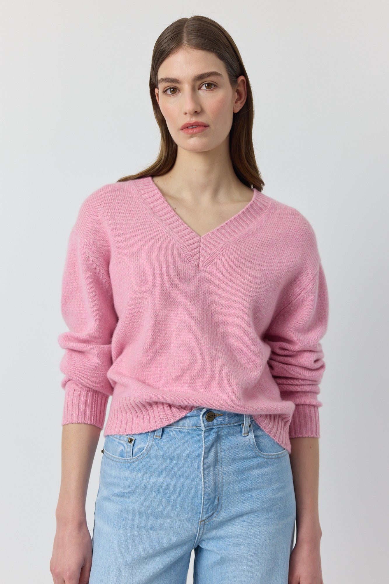 Luxe Cashmere V Neck Sweater - Pink Melange