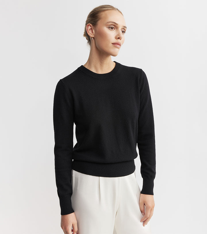 Essential Cashmere Rib Crew Sweater - Black