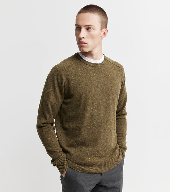 Mens Cashmere Saddle Crew - Moss