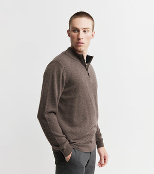Mens Essential Cashmere Quarter Zip Sweater - Brown Melange