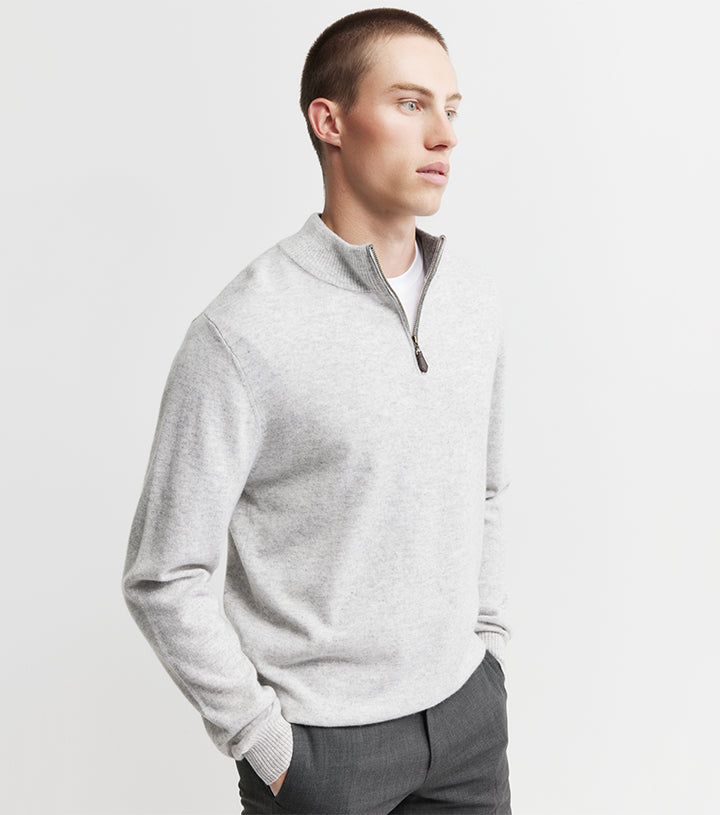 Mens Essential Cashmere Quarter Zip Sweater - Grey Melange/Graphite
