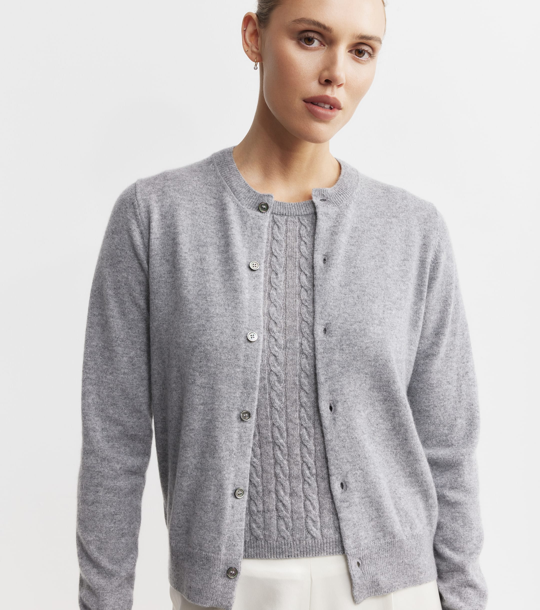 Essential Cashmere Crew Cardigan - Dark Grey Melange