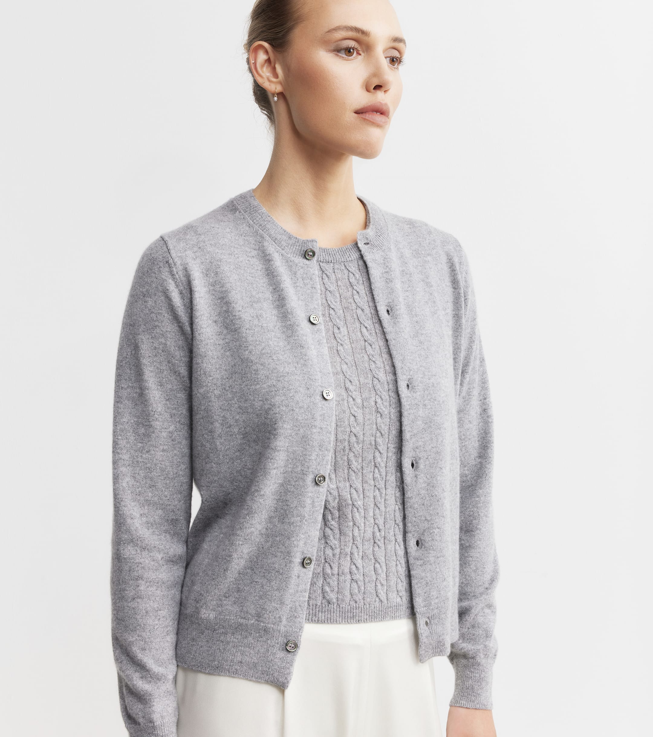 Essential Cashmere Crew Cardigan - Dark Grey Melange