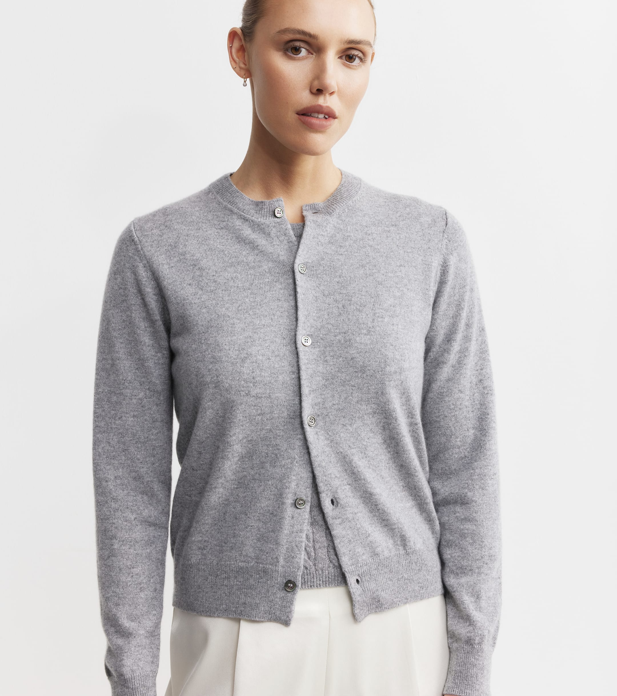 Essential Cashmere Crew Cardigan - Dark Grey Melange