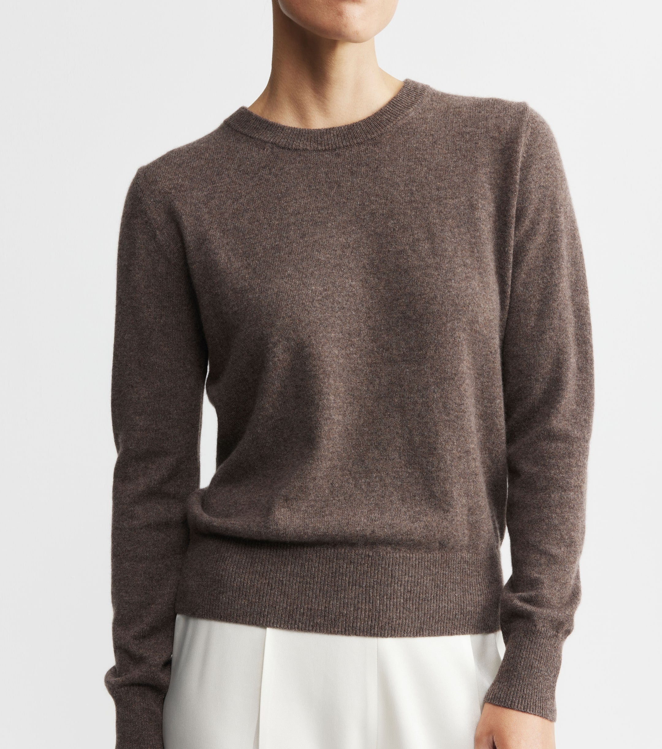 Essential Cashmere Rib Crew Sweater - Brown Melange