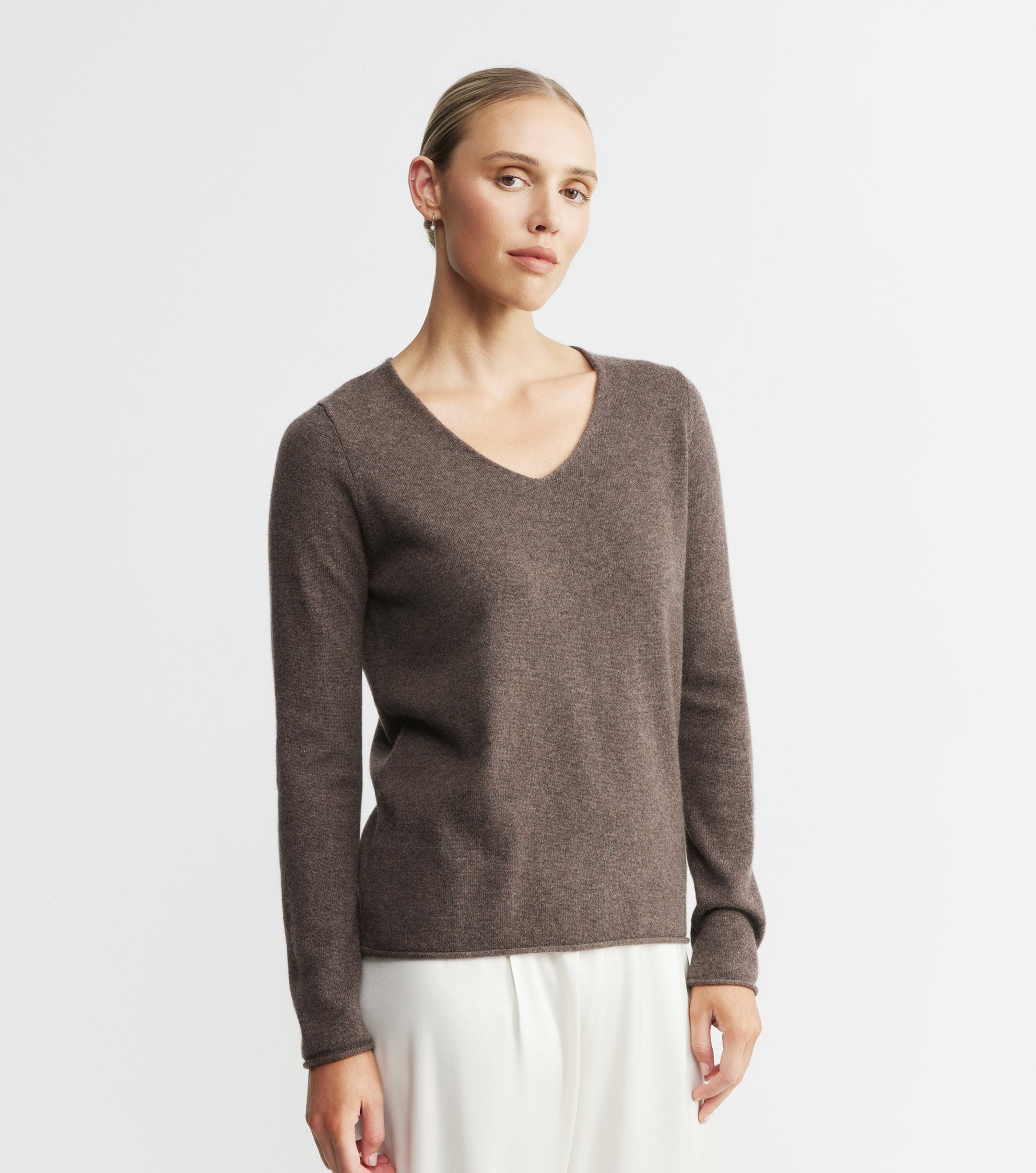 Essential Cashmere V Sweater - Brown Melange