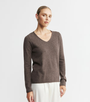 Essential Cashmere V Sweater - Brown Melange