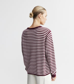 Cashmere Featherweight Oversize Stripe Crew - Burgundy/Pink