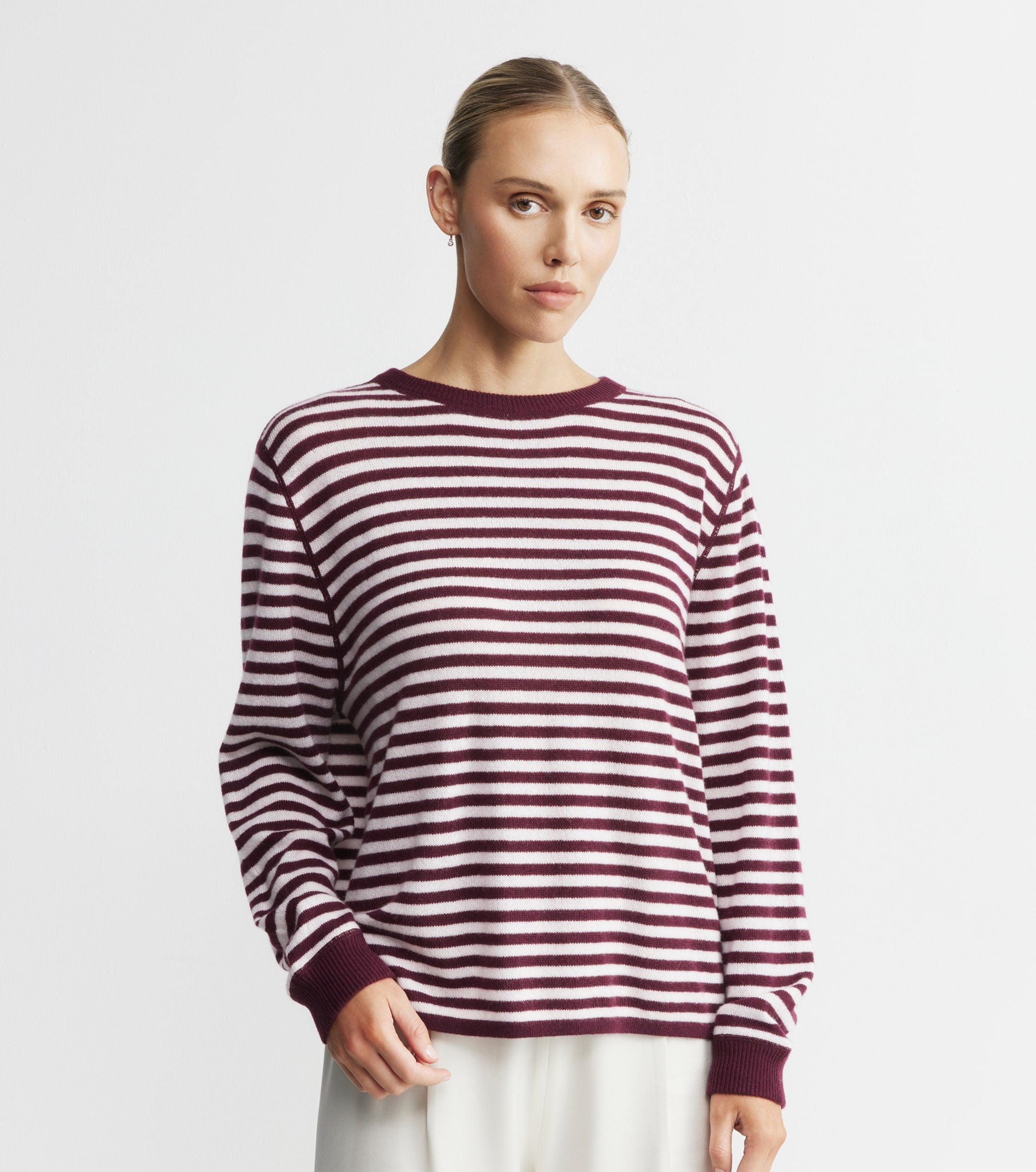 Cashmere Featherweight Oversize Stripe Crew - Burgundy/Pink
