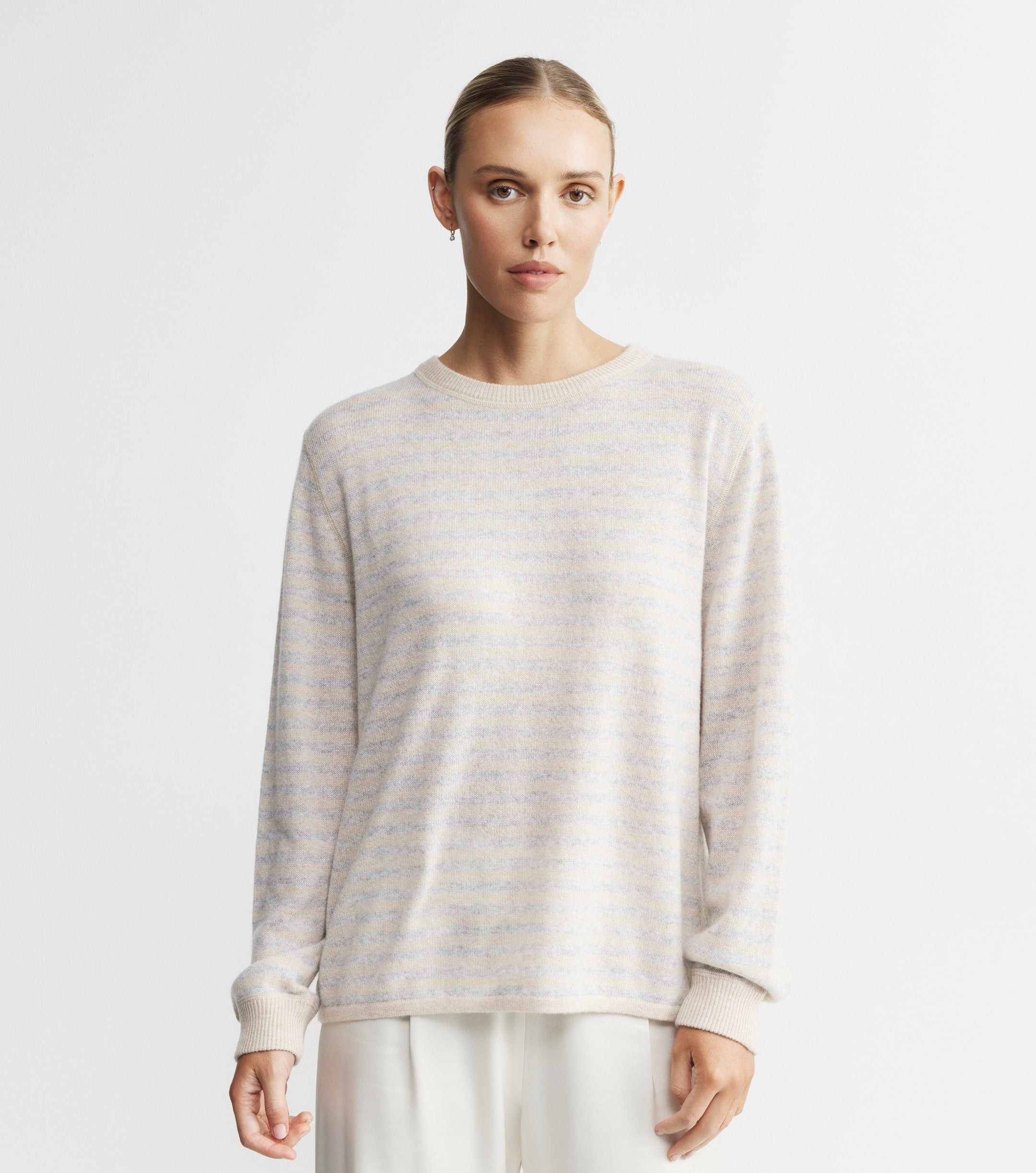 Cashmere Featherweight Oversize Stripe Crew - Grey Marle/Sand