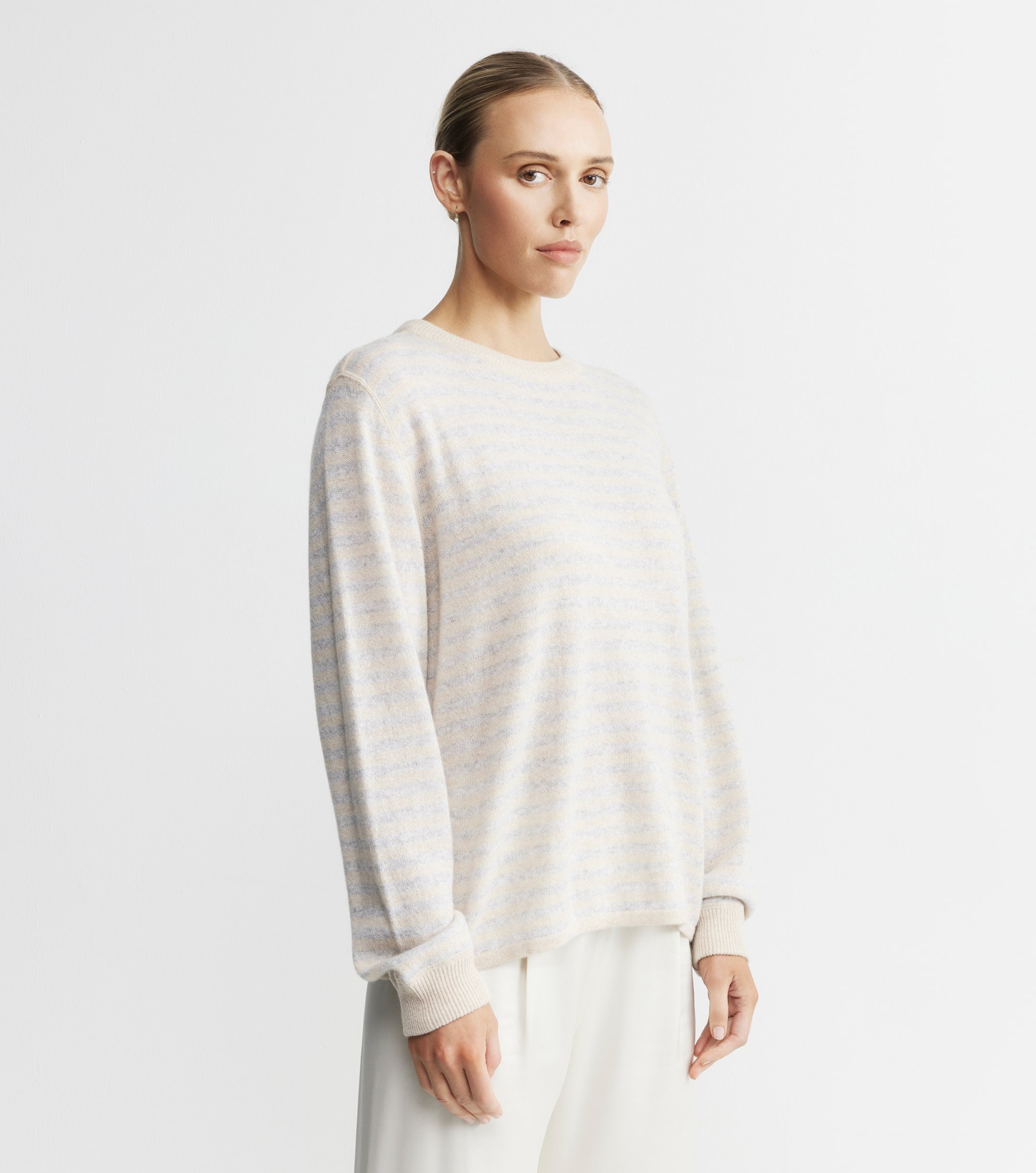 Cashmere Featherweight Oversize Stripe Crew - Grey Marle/Sand