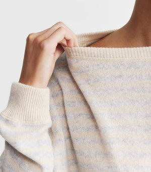 Cashmere Featherweight Oversize Stripe Crew - Grey Marle/Sand