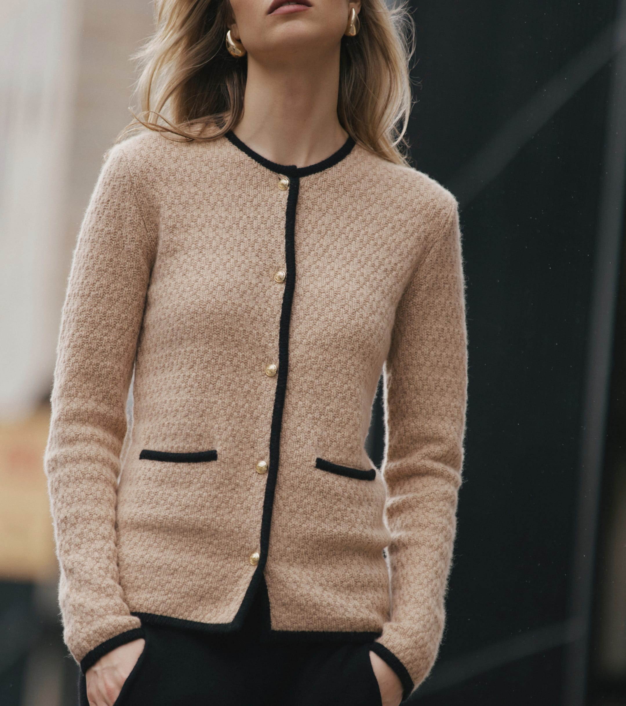 Cashmere Longline Waffle Jacket - Camel/Black