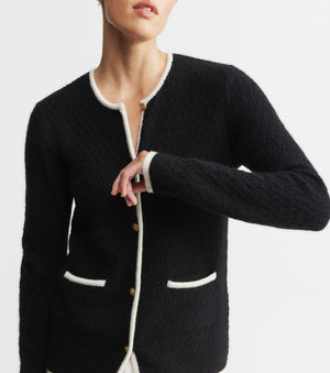 Cashmere Longline Waffle Jacket - Black/Cream