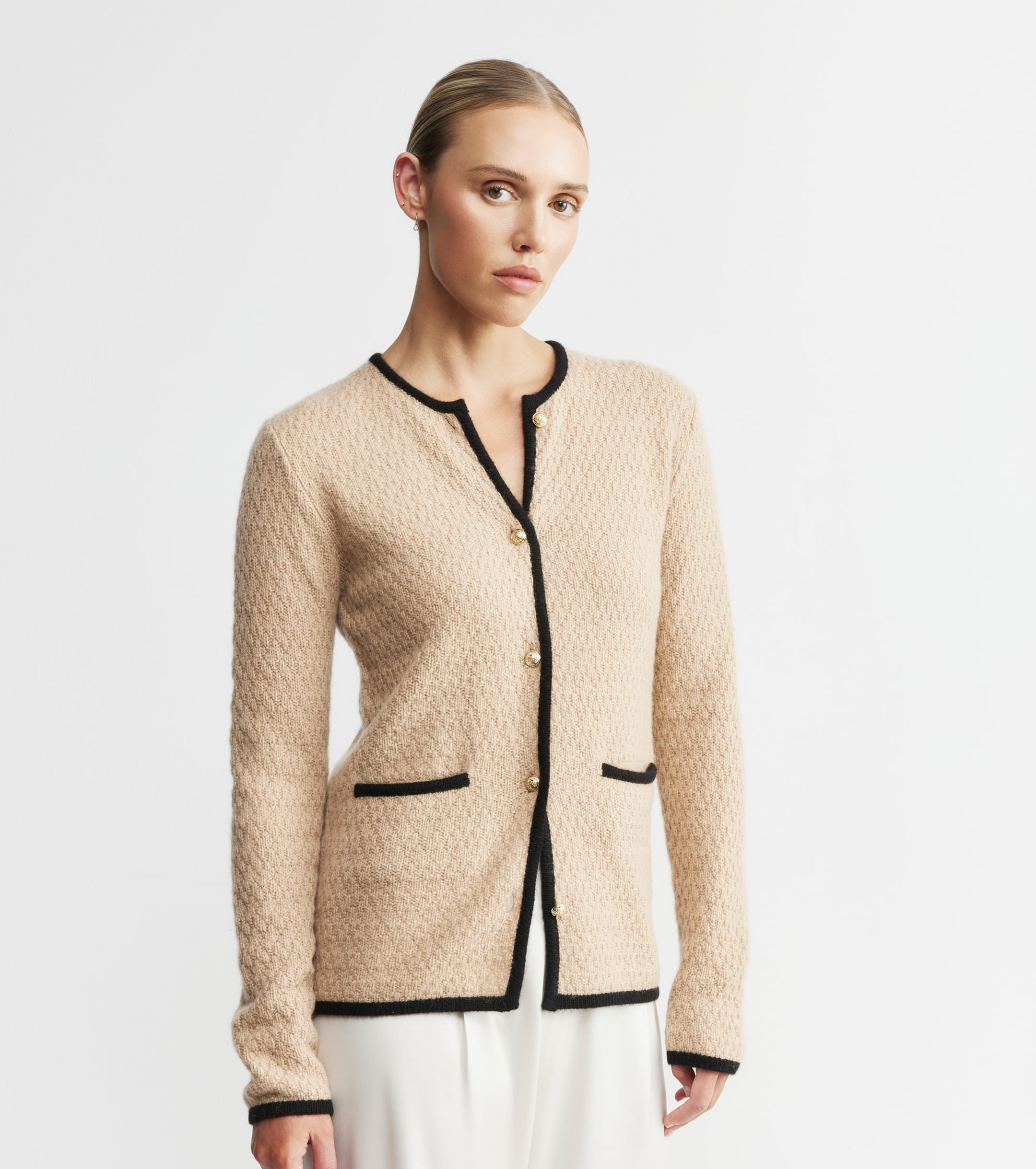 Cashmere Longline Waffle Jacket - Camel/Black