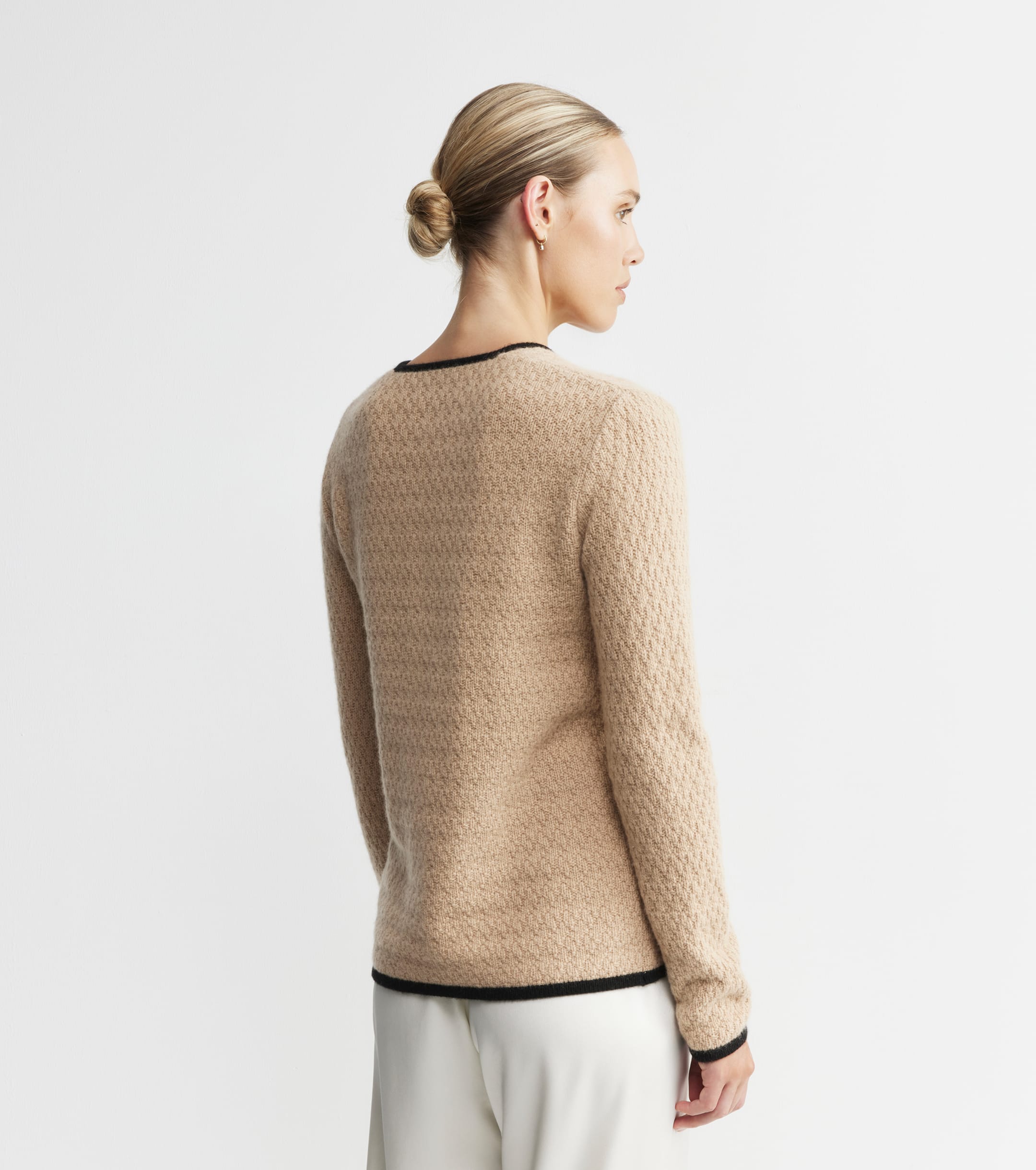 Cashmere Longline Waffle Jacket - Camel/Black