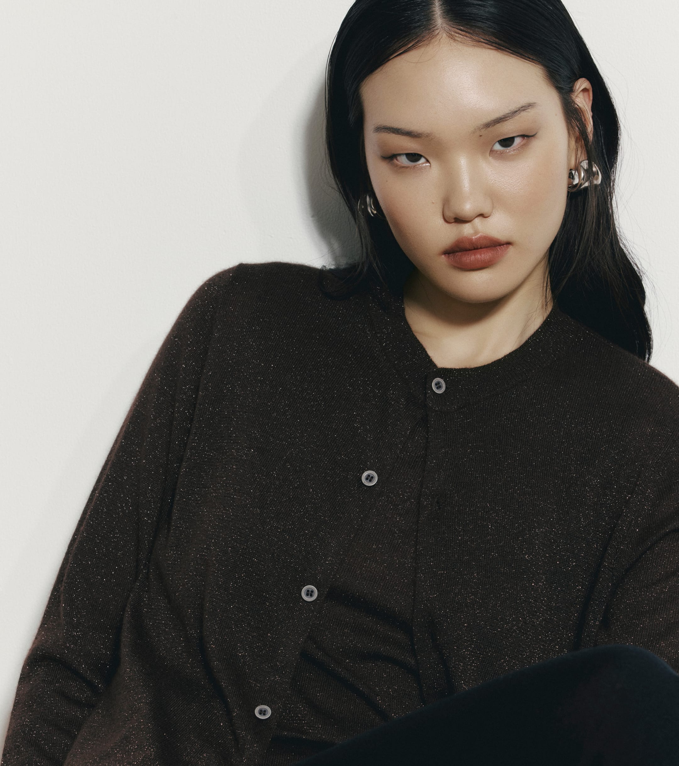 Cashmere Lurex Crew Cardigan - Cognac