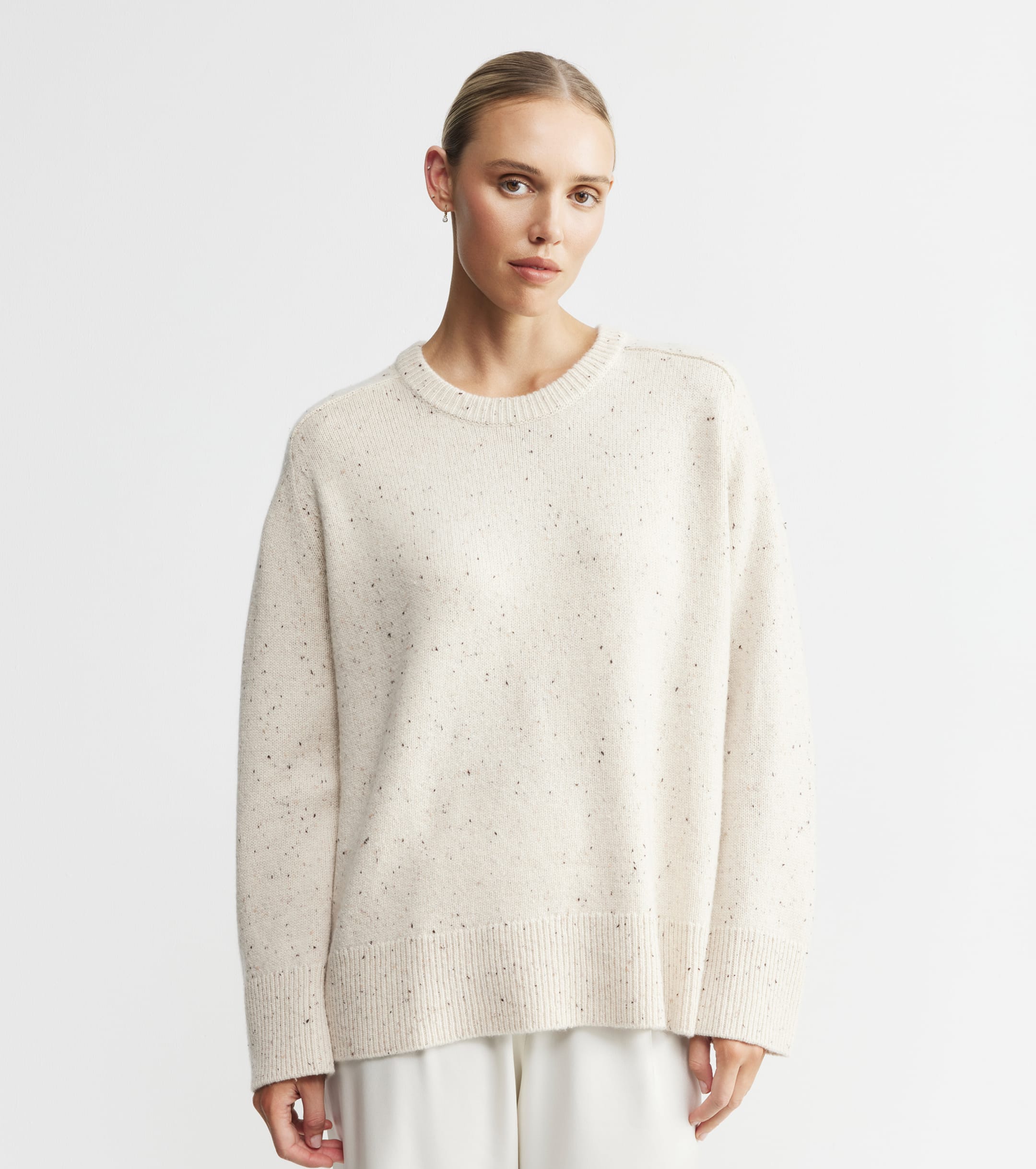 Luxe Cashmere Saddle Crew Sweater - Cream Speckle