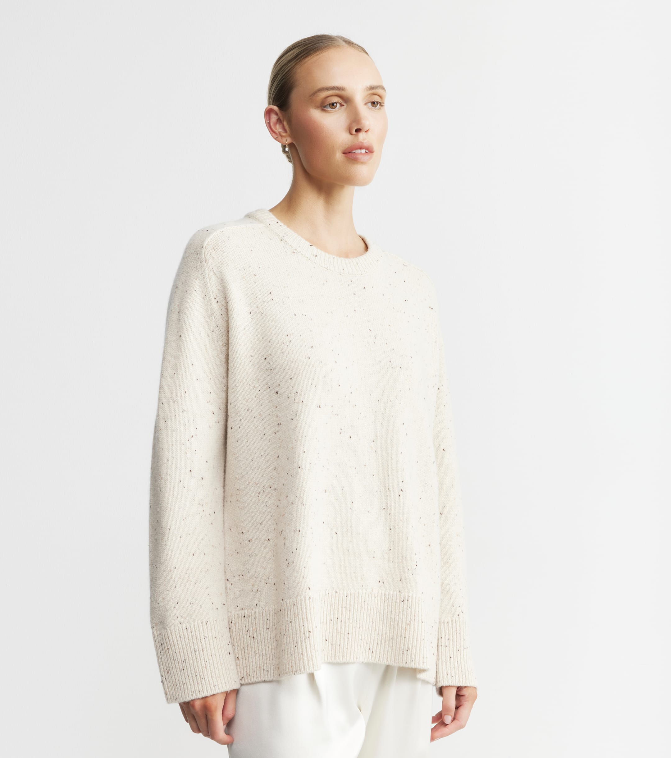 Luxe Cashmere Saddle Crew Sweater - Cream Speckle