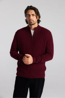  Mens Cashmere Cable 1/4 Zip Sweater - Shiraz/Charcoal