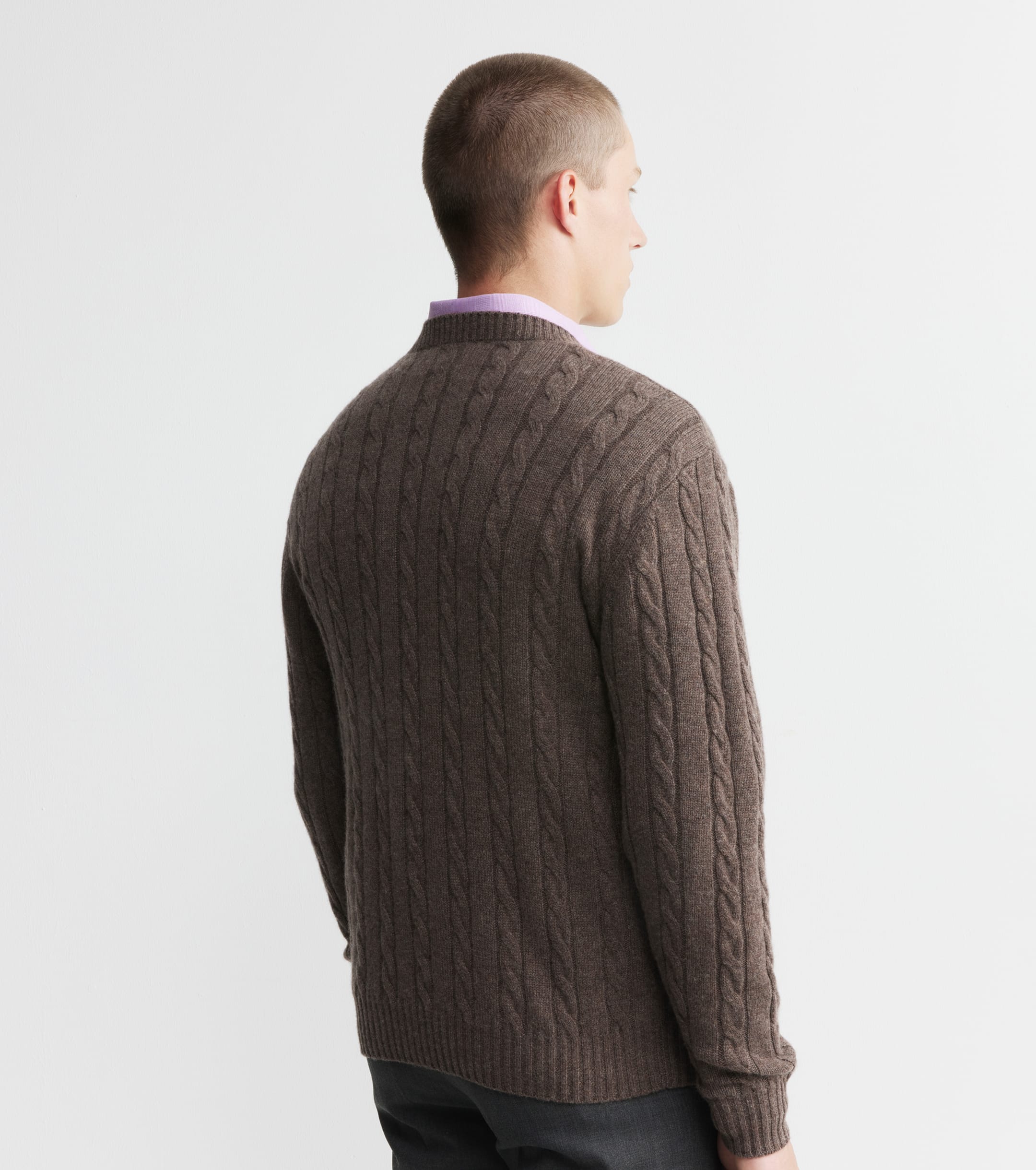 Mens Cashmere Cable Crew Sweater - Brown Melange