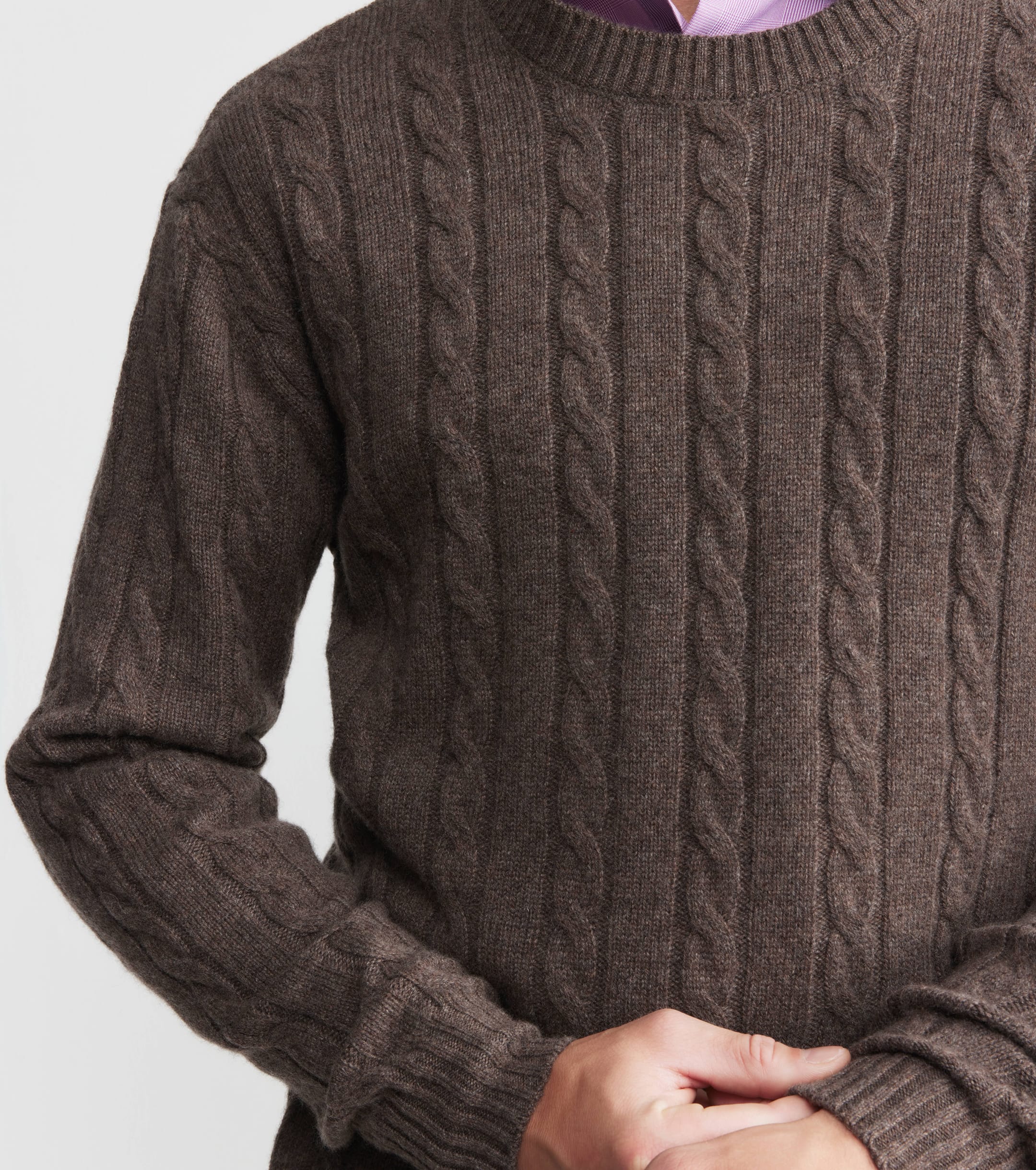 Mens Cashmere Cable Crew Sweater - Brown Melange